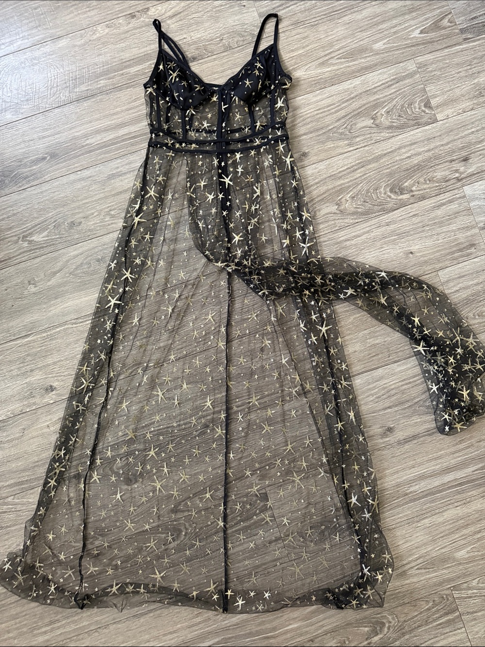 Sheer Black Mesh Chemise with Gold Star Embroidery sz Small sexy nightwear